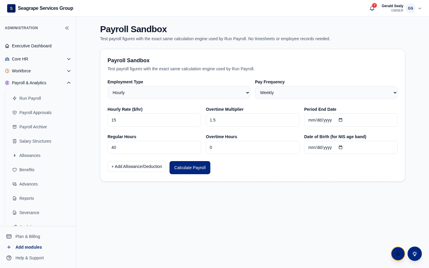 Real product screen — coreisle.app/dashboard/owner/payroll/sandbox — tax calculator