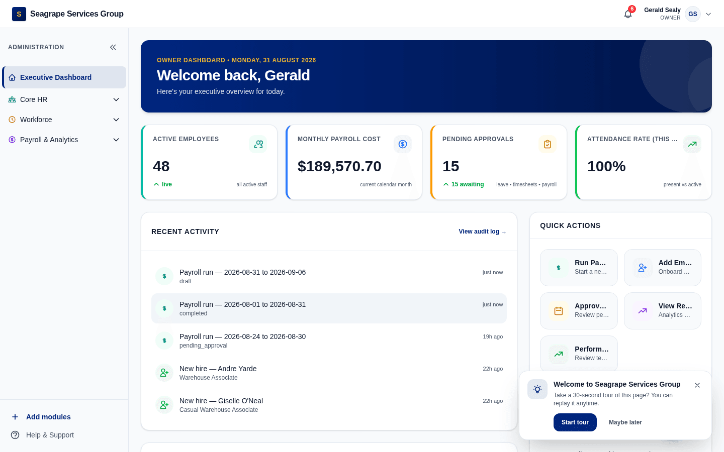 Core Isle HR Executive Dashboard — headcount, payroll cost, approvals, and attendance KPIs with recent activity
