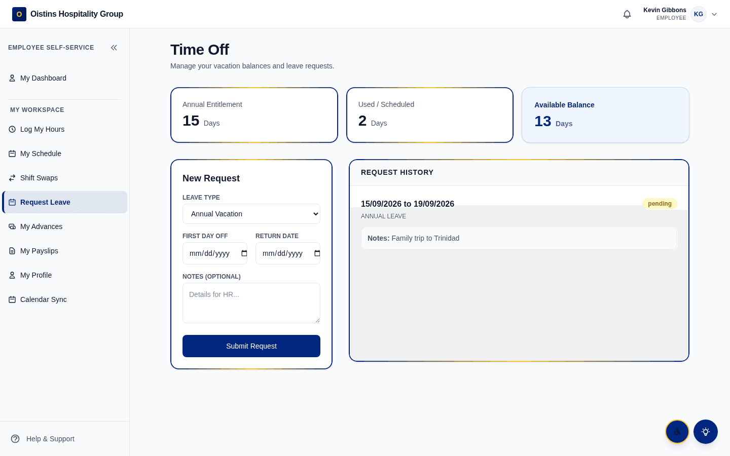 Real product screen — coreisle.app/dashboard/employee/leave — balances & accruals