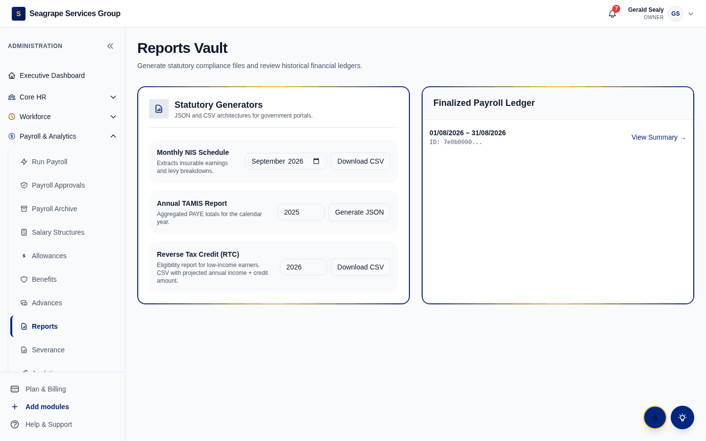 Real product screen — coreisle.app/dashboard/owner/reports — NIS monthly schedule
