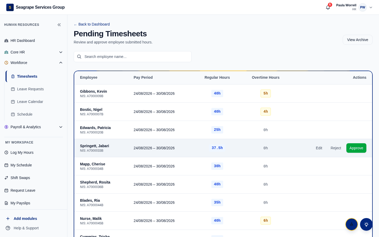Real product screen — coreisle.app/dashboard/hr/timesheets — approval queue